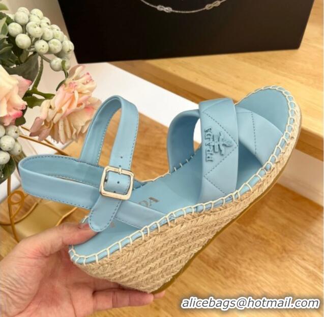 Low Cost Prada Quilted Lambskin Wedge Sandals 8cm Blue 022456