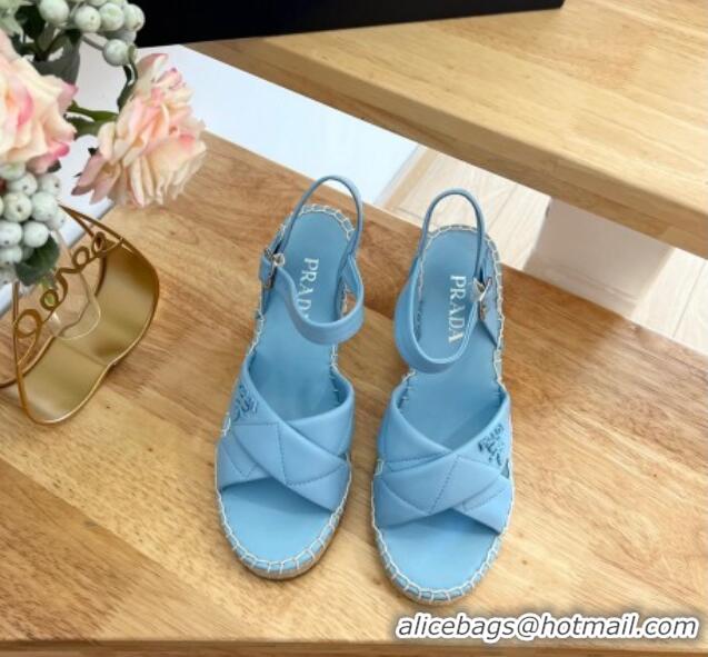 Low Cost Prada Quilted Lambskin Wedge Sandals 8cm Blue 022456