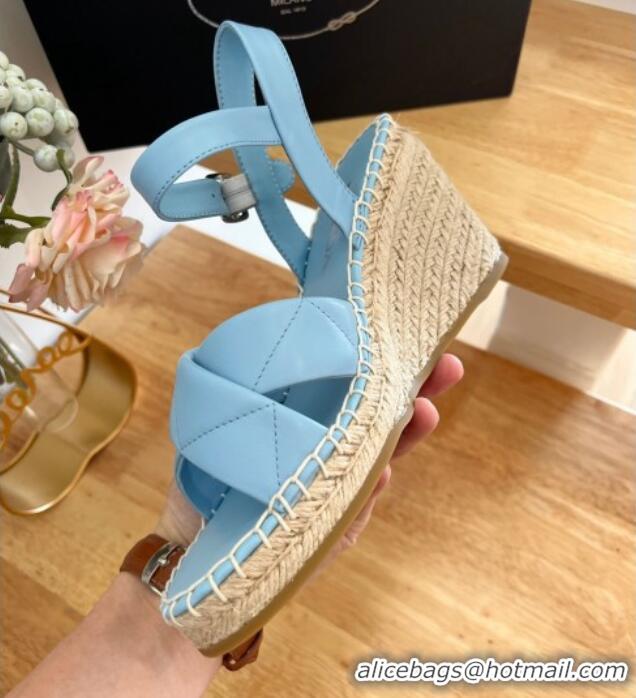 Low Cost Prada Quilted Lambskin Wedge Sandals 8cm Blue 022456