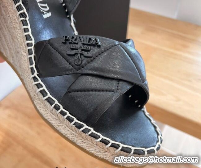 Pretty Style Prada Quilted Lambskin Wedge Sandals 8cm Black 022457