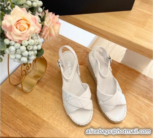 Top Grade Prada Quilted Lambskin Wedge Sandals 8cm White 022458