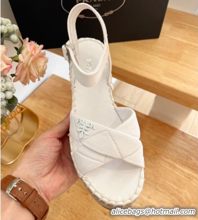 Top Grade Prada Quilted Lambskin Wedge Sandals 8cm White 022458