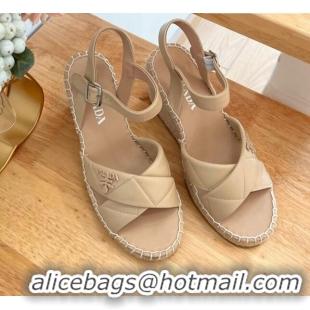 Good Quality Prada Quilted Lambskin Wedge Sandals 8cm Beige 022459