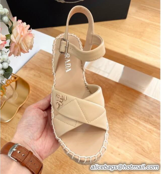 Good Quality Prada Quilted Lambskin Wedge Sandals 8cm Beige 022459