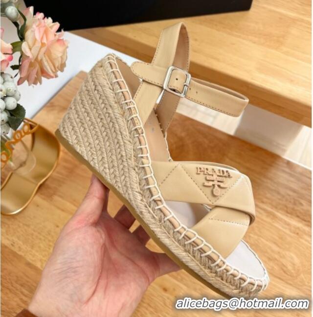 Good Quality Prada Quilted Lambskin Wedge Sandals 8cm Beige 022459