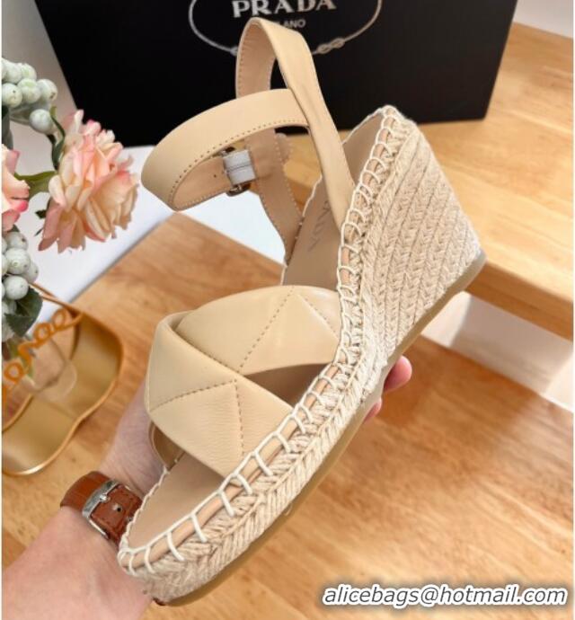 Good Quality Prada Quilted Lambskin Wedge Sandals 8cm Beige 022459