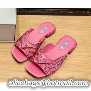 Discount Prada Crystal Allover Flat Slide Sandals Begonia Pink 022462