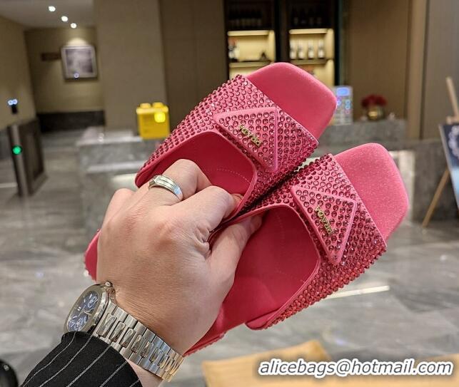 Discount Prada Crystal Allover Flat Slide Sandals Begonia Pink 022462