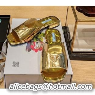 Duplicate Prada Glazed Leather Flat Slide Sandals Gold 022466