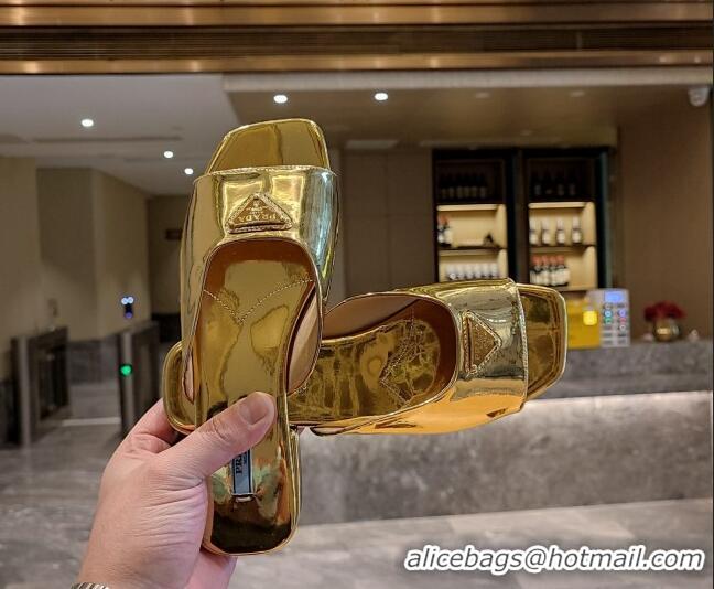 Duplicate Prada Glazed Leather Flat Slide Sandals Gold 022466