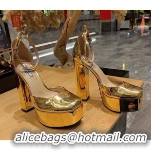 Perfect Prada Metallic Leather High Heel Platform Pumpss 13.5cm Gold 022475