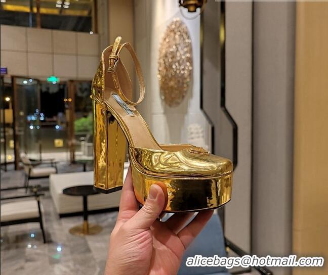 Perfect Prada Metallic Leather High Heel Platform Pumpss 13.5cm Gold 022475