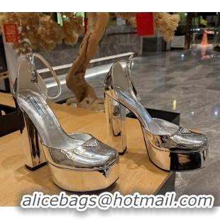 Sumptuous Prada Metallic Leather High Heel Platform Pumpss 13.5cm Silver 022476