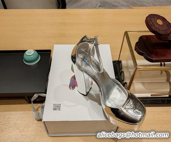 Sumptuous Prada Metallic Leather High Heel Platform Pumpss 13.5cm Silver 022476