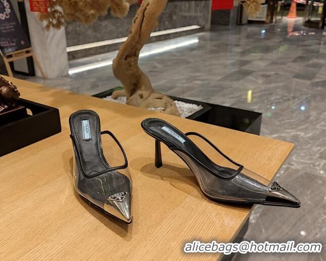 Luxury Prada PVC Heel Mules 8cm Black 022480