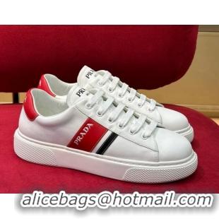 Best Product Prada Soft Leather Sneakers with PRADA Band White/Red 022484