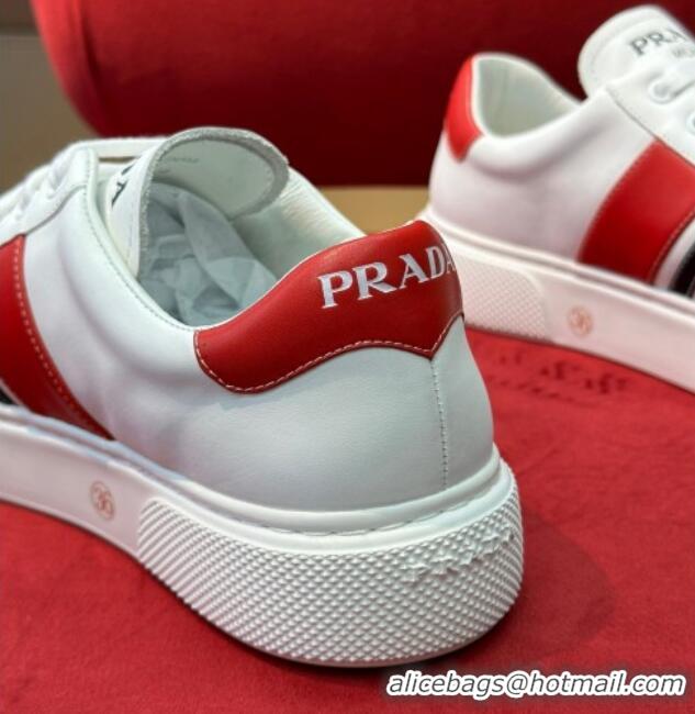 Best Product Prada Soft Leather Sneakers with PRADA Band White/Red 022484