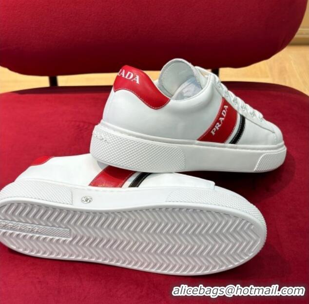 Best Product Prada Soft Leather Sneakers with PRADA Band White/Red 022484