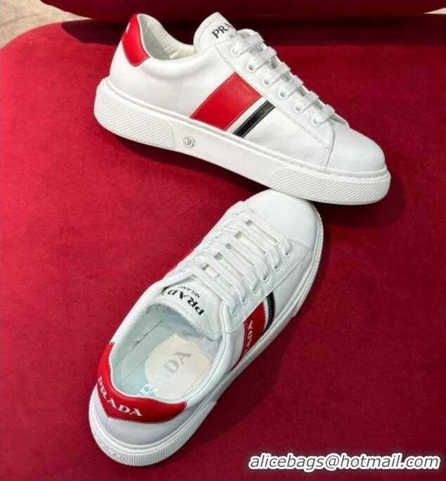 Best Product Prada Soft Leather Sneakers with PRADA Band White/Red 022484