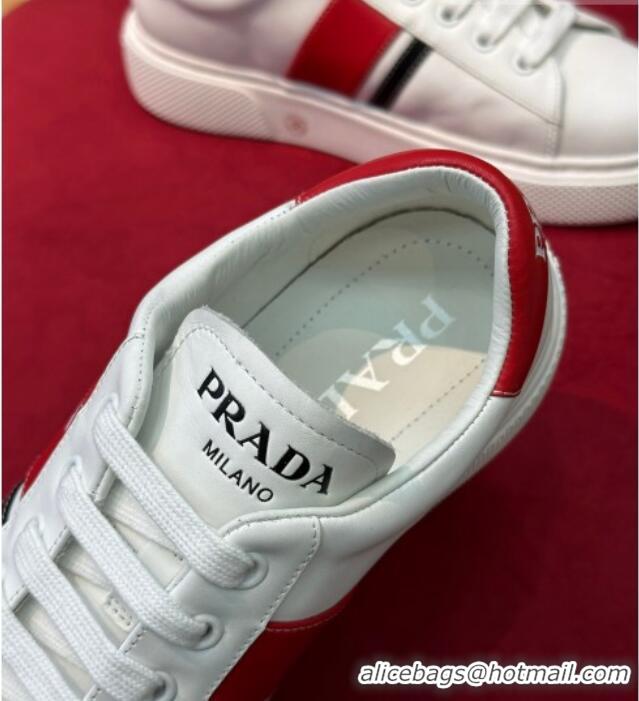 Best Product Prada Soft Leather Sneakers with PRADA Band White/Red 022484