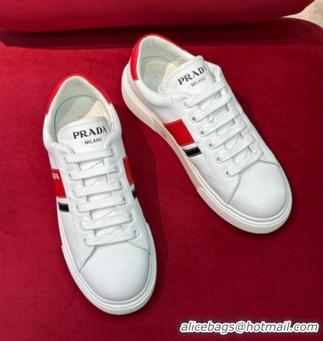 Best Product Prada Soft Leather Sneakers with PRADA Band White/Red 022484