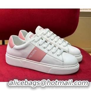 Pretty Style Prada Soft Leather Sneakers with PRADA Band White/Pink 022485