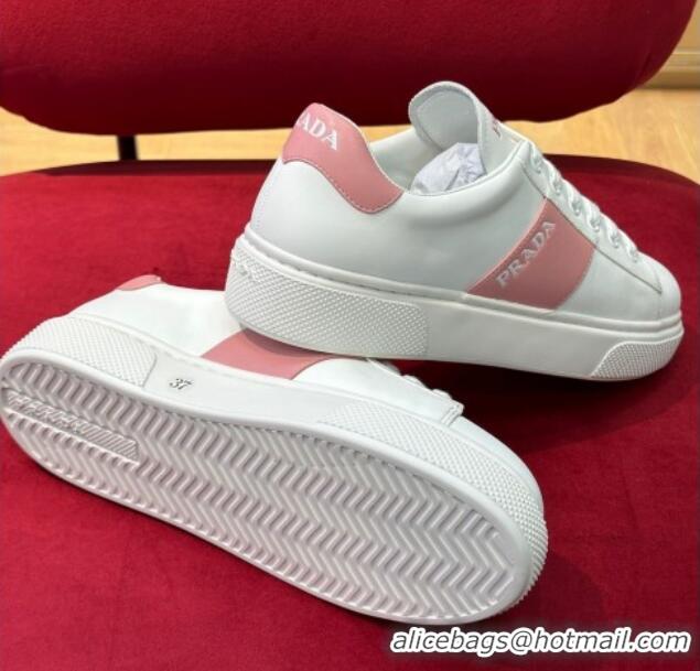 Pretty Style Prada Soft Leather Sneakers with PRADA Band White/Pink 022485