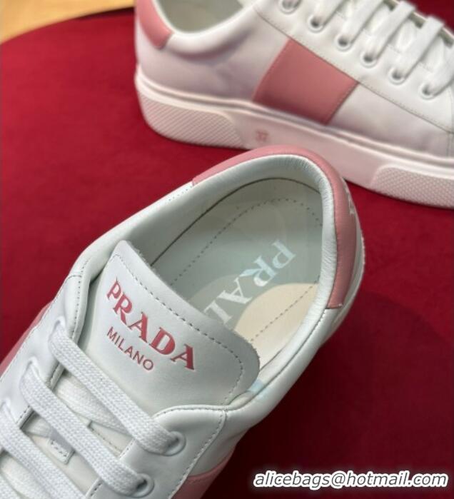 Pretty Style Prada Soft Leather Sneakers with PRADA Band White/Pink 022485