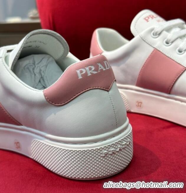 Pretty Style Prada Soft Leather Sneakers with PRADA Band White/Pink 022485