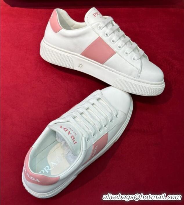 Pretty Style Prada Soft Leather Sneakers with PRADA Band White/Pink 022485