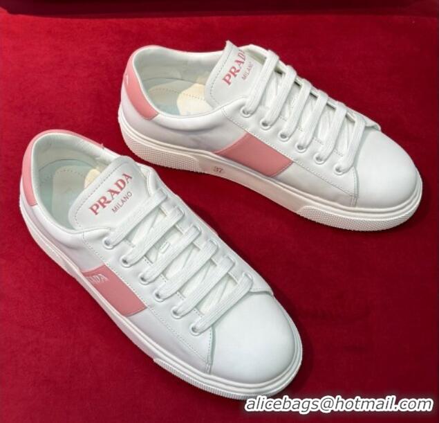 Pretty Style Prada Soft Leather Sneakers with PRADA Band White/Pink 022485