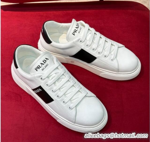 Best Price Prada Soft Leather Sneakers with PRADA Band White/Black 022486