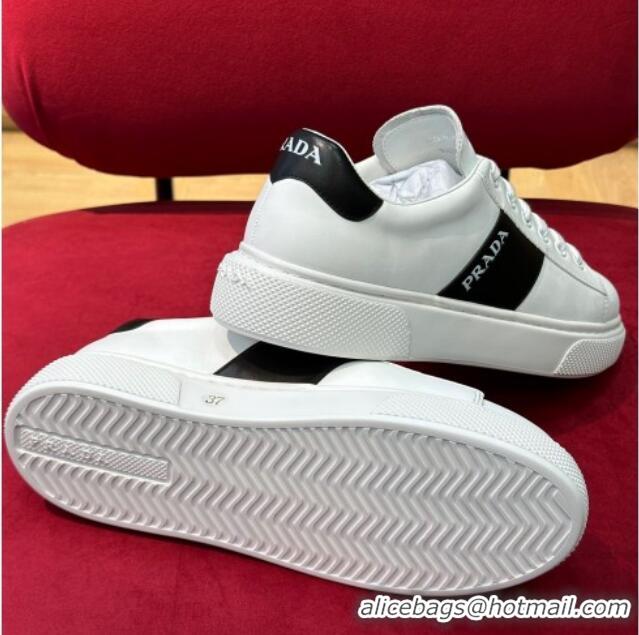 Best Price Prada Soft Leather Sneakers with PRADA Band White/Black 022486