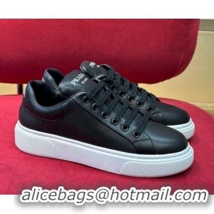 Top Design Prada Black Soft Leather Sneakers with Heel Tab 022488