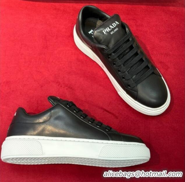 Top Design Prada Black Soft Leather Sneakers with Heel Tab 022488