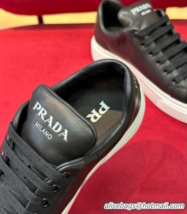 Top Design Prada Black Soft Leather Sneakers with Heel Tab 022488