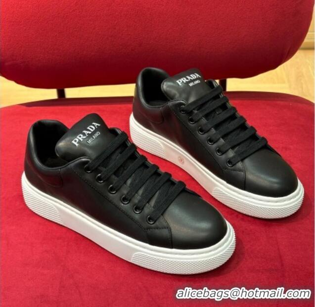 Top Design Prada Black Soft Leather Sneakers with Heel Tab 022488