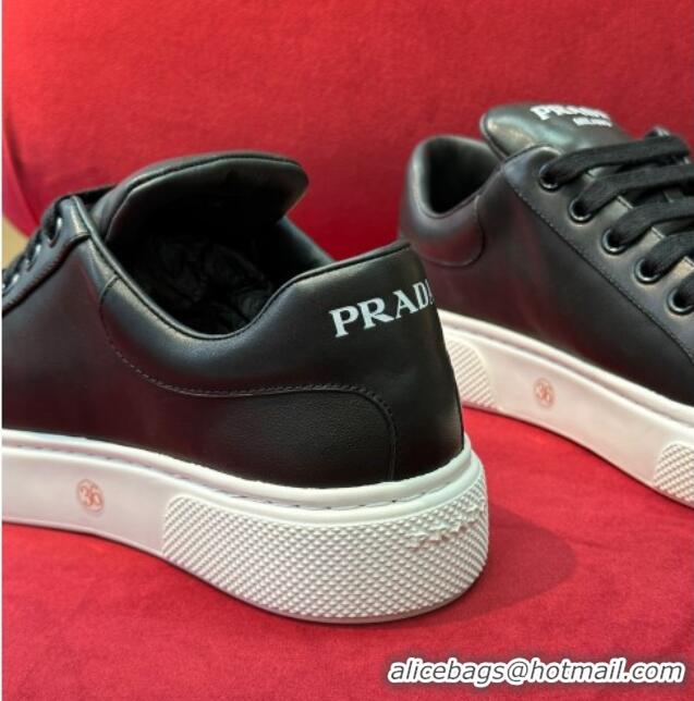 Top Design Prada Black Soft Leather Sneakers with Heel Tab 022488