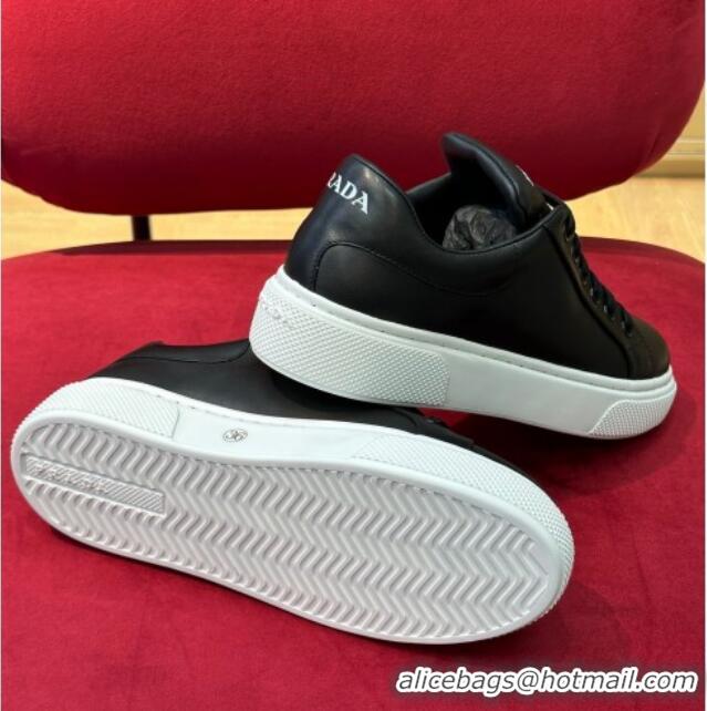 Top Design Prada Black Soft Leather Sneakers with Heel Tab 022488