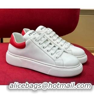 Low Price Prada White Soft Leather Sneakers with Red Heel Tab 022489