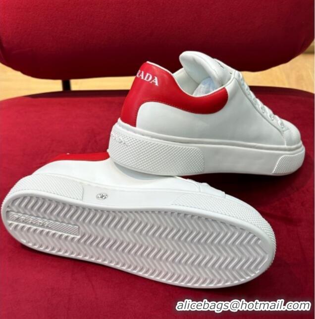 Low Price Prada White Soft Leather Sneakers with Red Heel Tab 022489