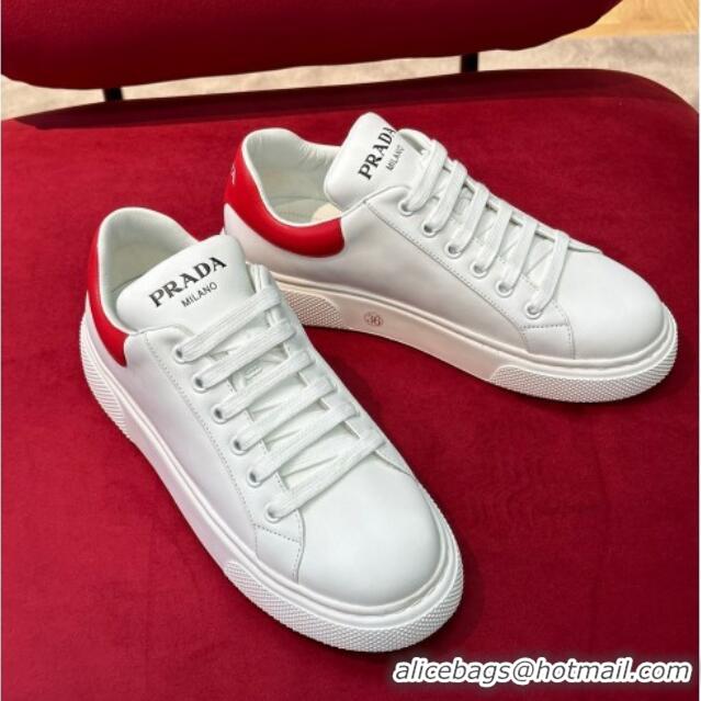 Low Price Prada White Soft Leather Sneakers with Red Heel Tab 022489