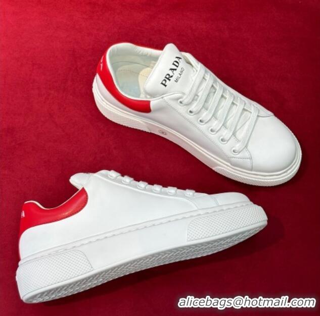 Low Price Prada White Soft Leather Sneakers with Red Heel Tab 022489