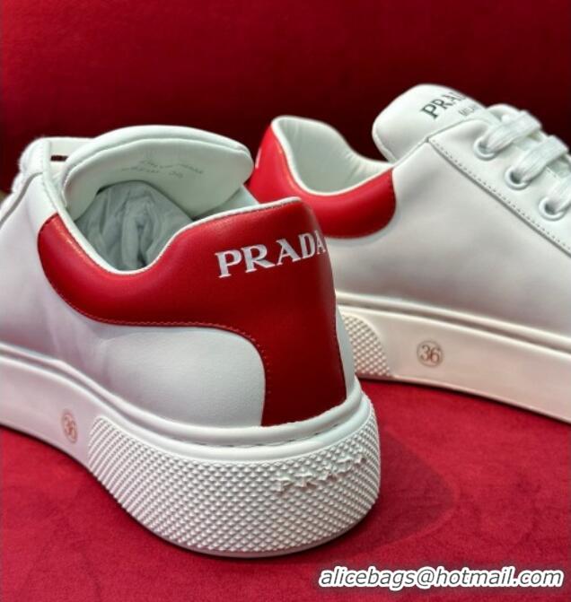 Low Price Prada White Soft Leather Sneakers with Red Heel Tab 022489