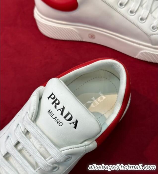 Low Price Prada White Soft Leather Sneakers with Red Heel Tab 022489