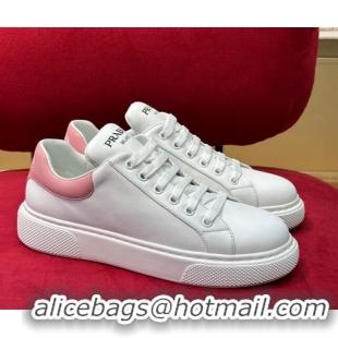 Good Quality Prada White Soft Leather Sneakers with Pink Heel Tab 022490