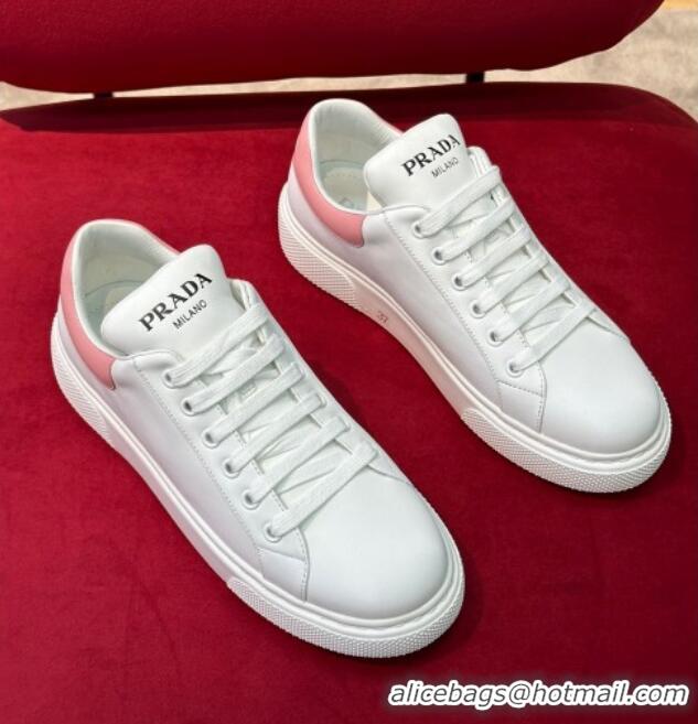 Good Quality Prada White Soft Leather Sneakers with Pink Heel Tab 022490