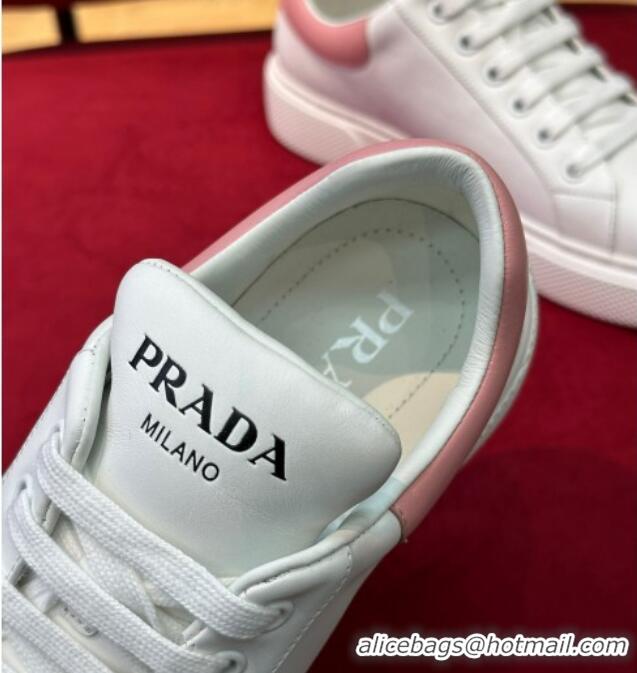 Good Quality Prada White Soft Leather Sneakers with Pink Heel Tab 022490