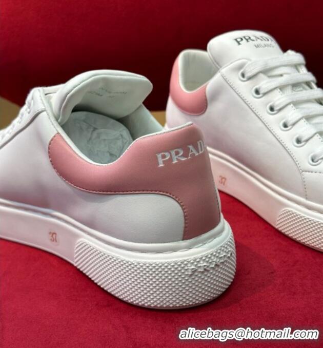 Good Quality Prada White Soft Leather Sneakers with Pink Heel Tab 022490