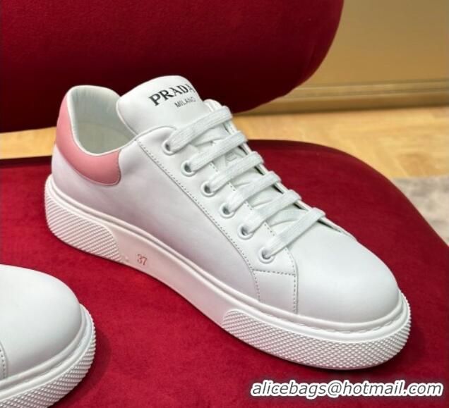 Good Quality Prada White Soft Leather Sneakers with Pink Heel Tab 022490